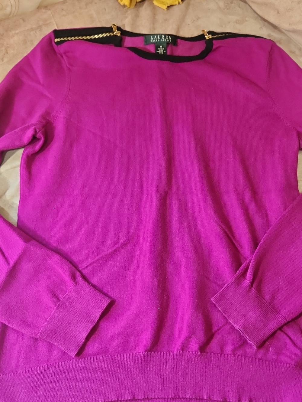 Lauren Ralph Lauren Fuchsia Crewneck Sweater with Black Trim & Gold Zippers